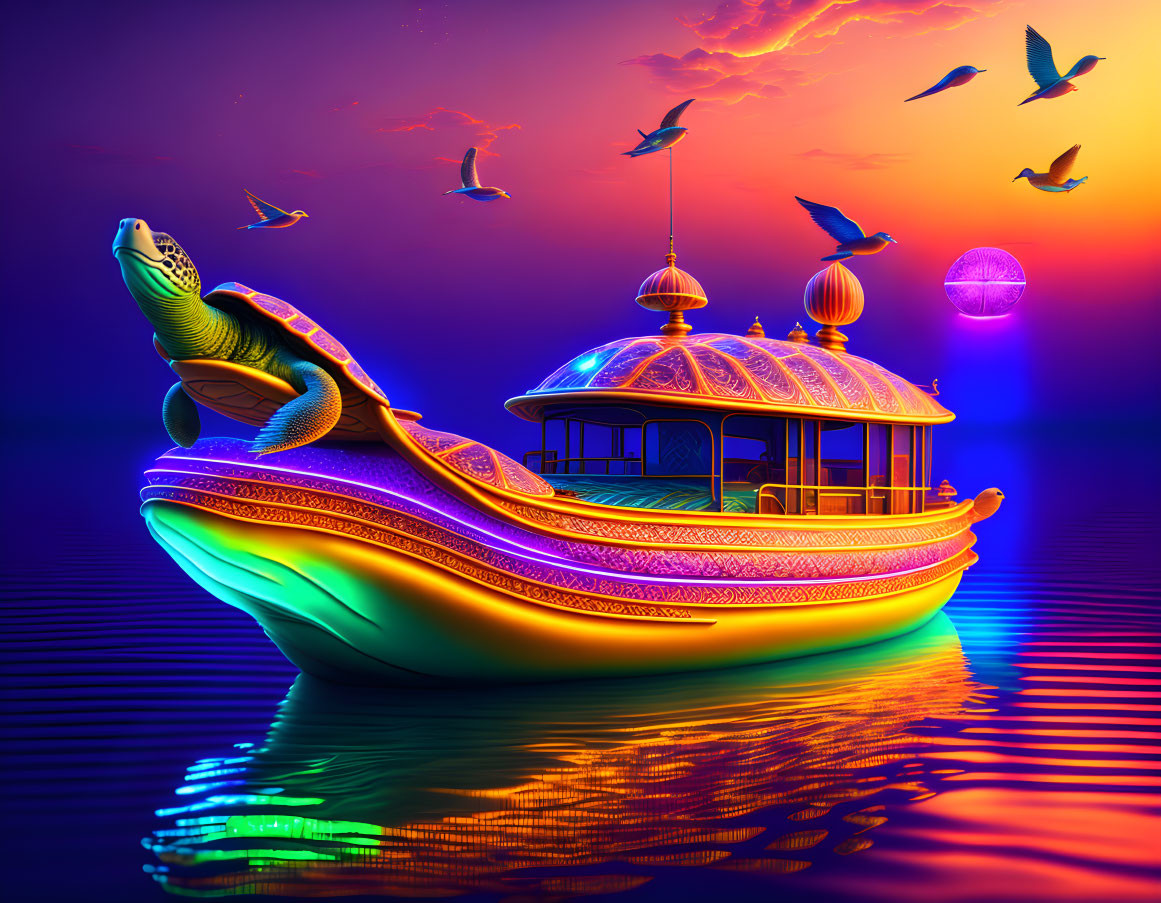 Colorful Fantasy Turtle Boat Sailing at Sunset