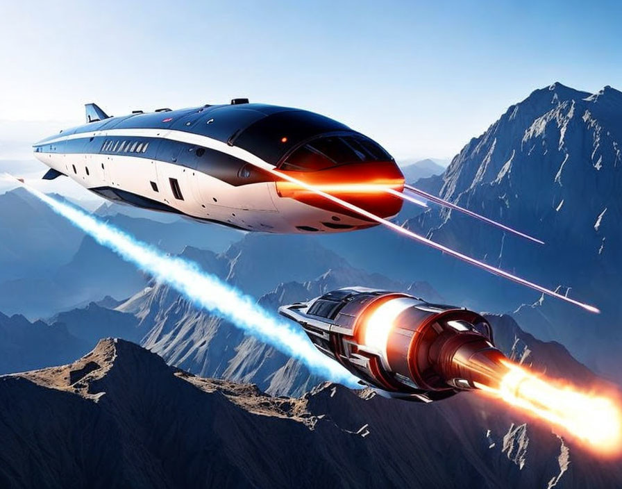 Futuristic spaceship with jet engines flying over rugged mountains