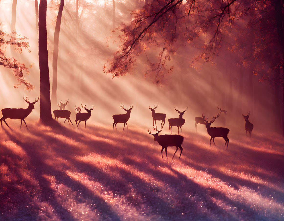 Deer herd in misty forest with sunbeams and ethereal glow