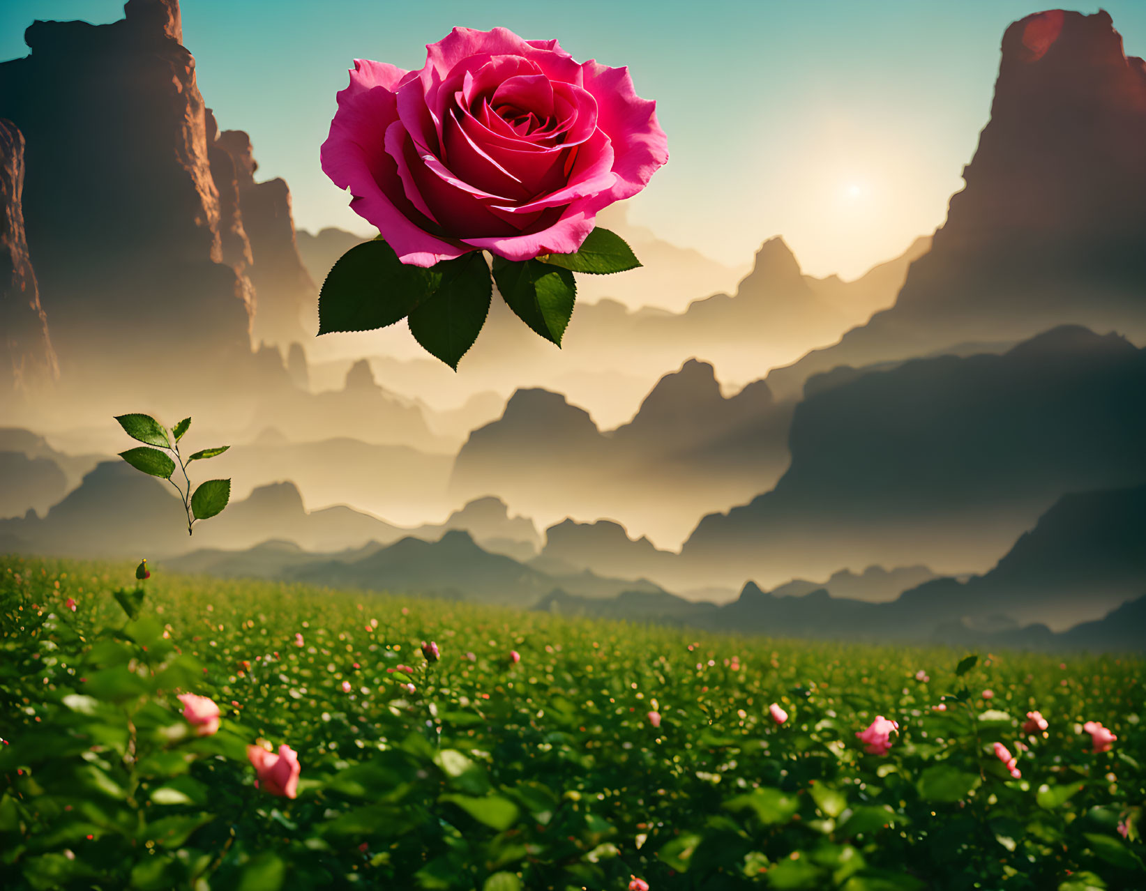 Pink rose stands out in misty mountain sunrise landscape