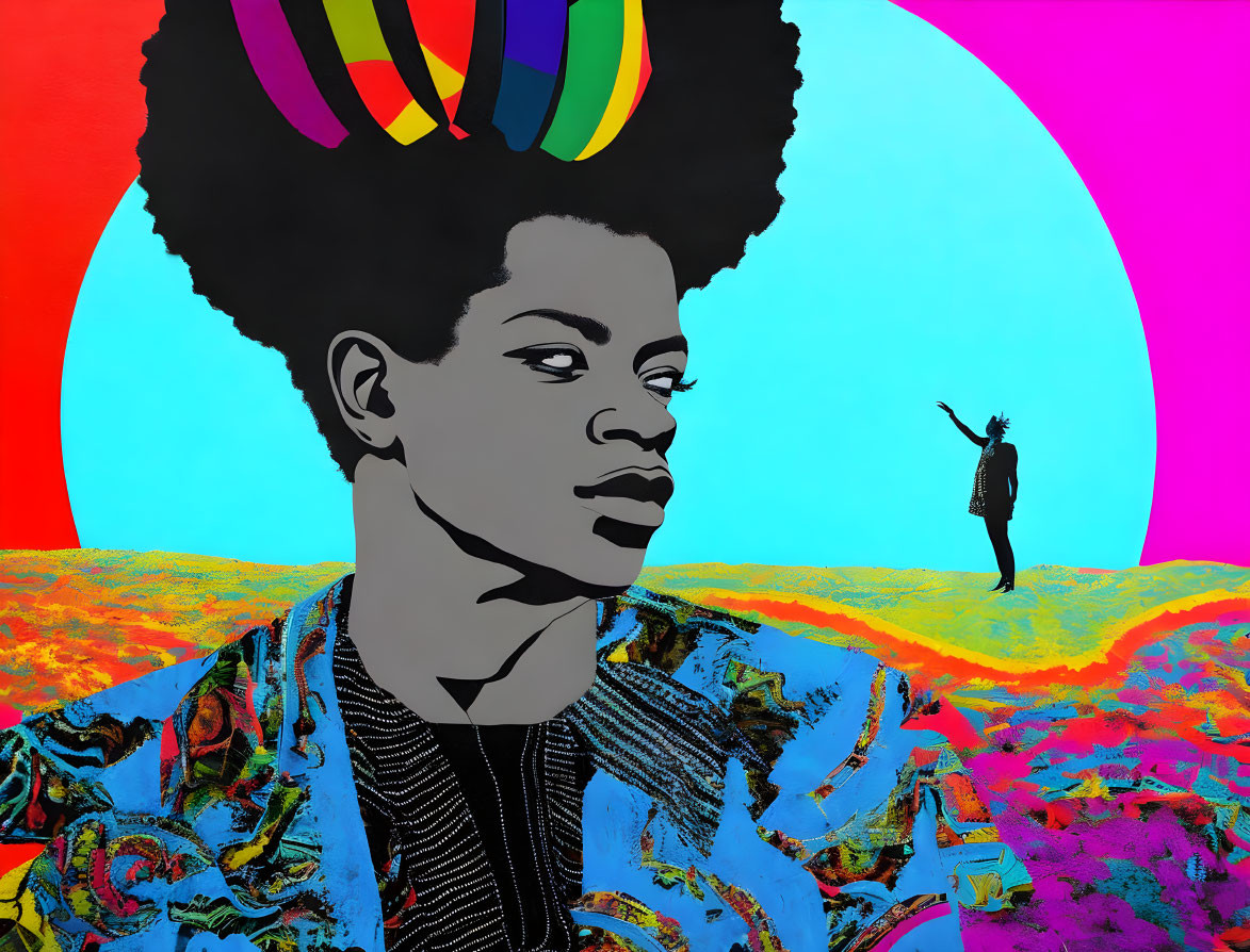 Vibrant pop art profile of woman with afro on psychedelic backdrop