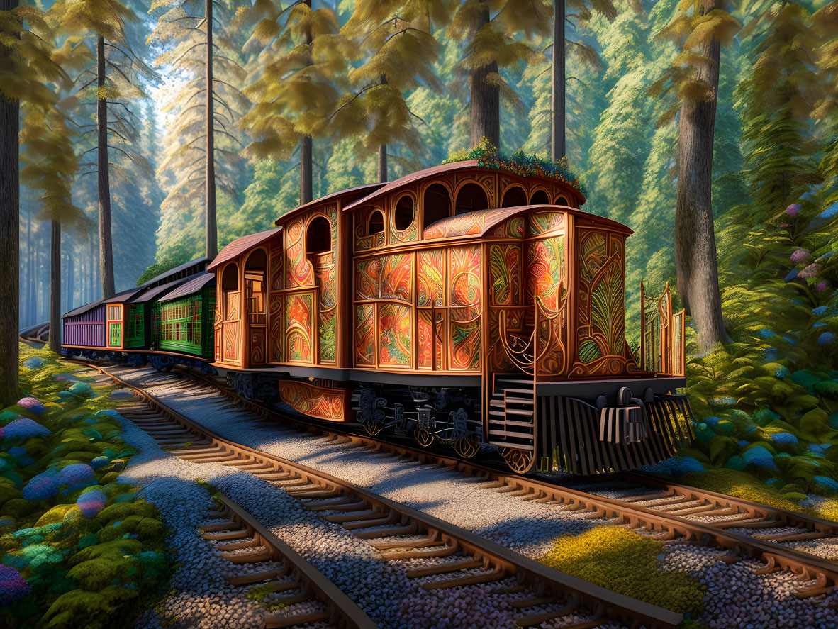 Ornate train in sunlit forest with vibrant foliage