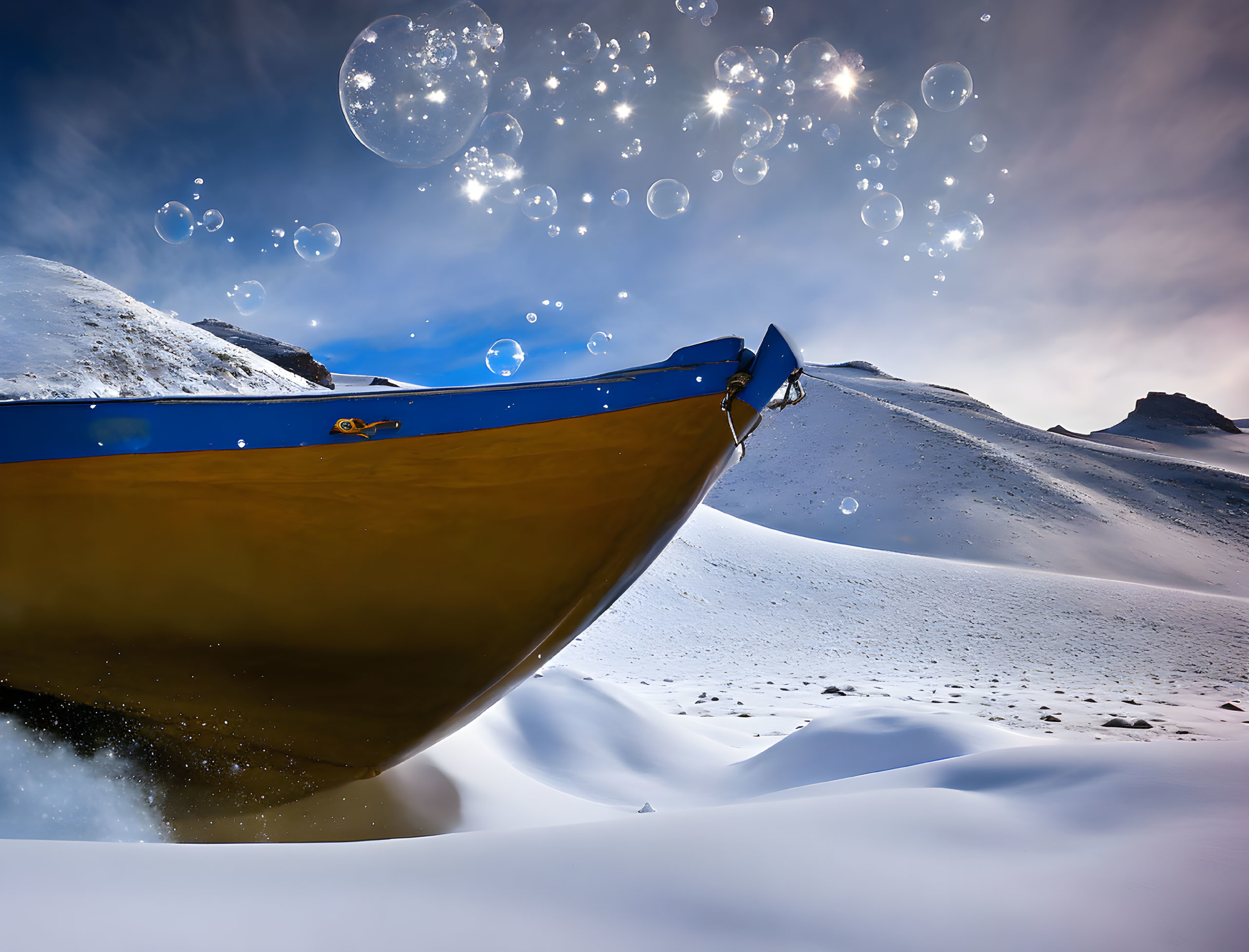 Blue boat on snow-covered landscape with mountains and shimmering bubbles