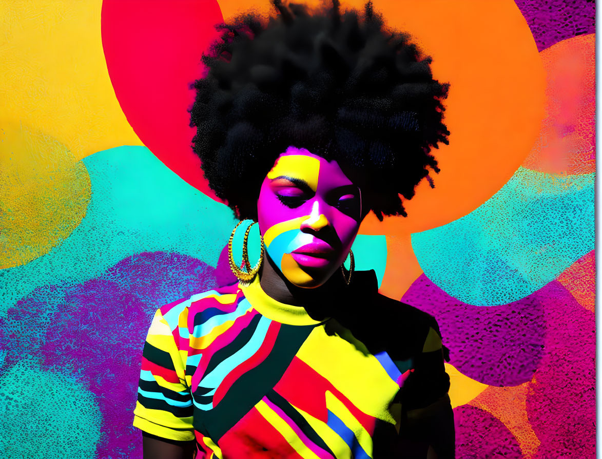 Vibrant digital art: Woman with afro in colorful circles