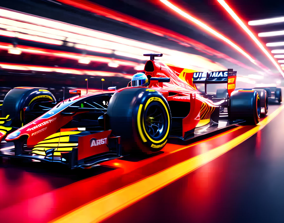 Dynamic Formula 1 car on track with red and white light streaks