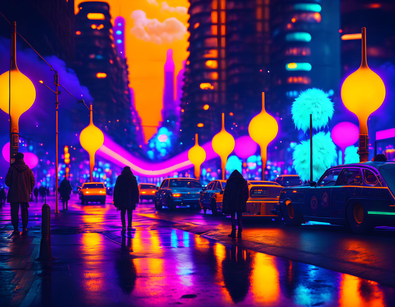 Futuristic neon-lit cityscape at night with skyscrapers, cars, pedestrians, and