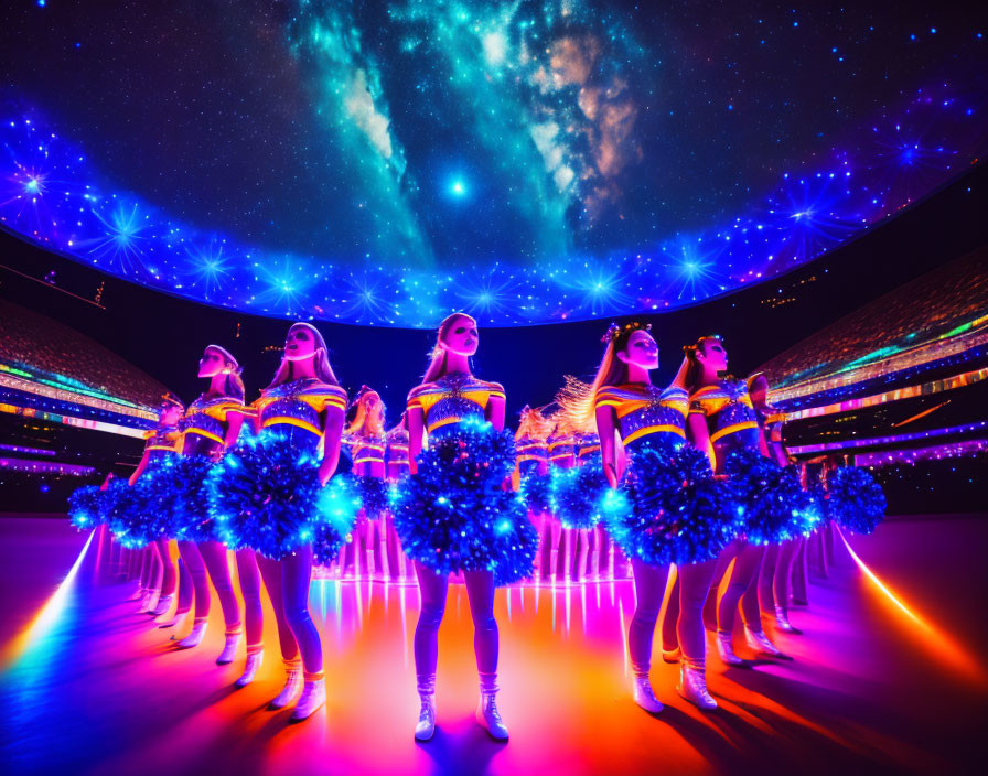 Cheerleaders with Pom-Poms Perform Under Starry Night Sky