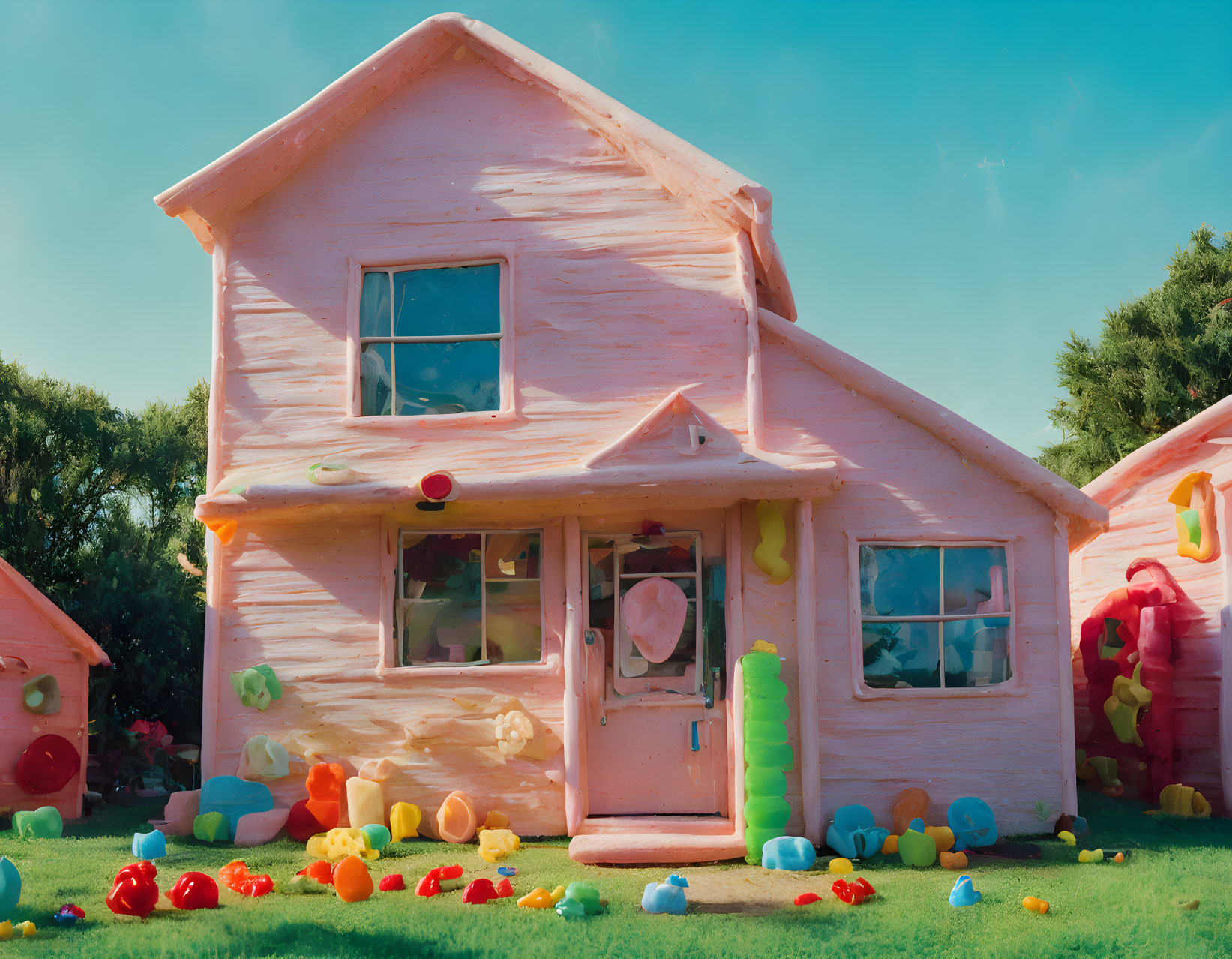 Whimsical pink house with melting effects and colorful blob accents