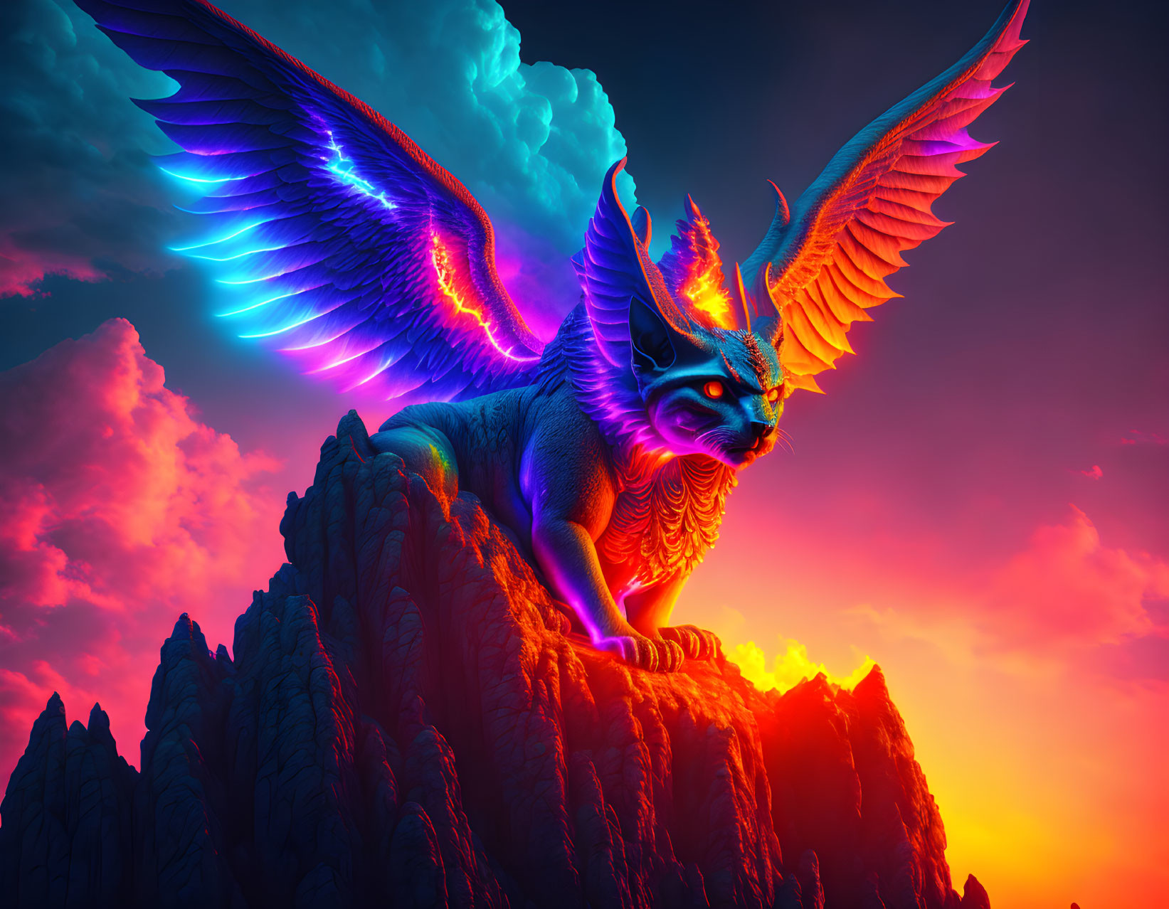 Vibrant illustration of majestic winged creature on rocky cliffs at sunset