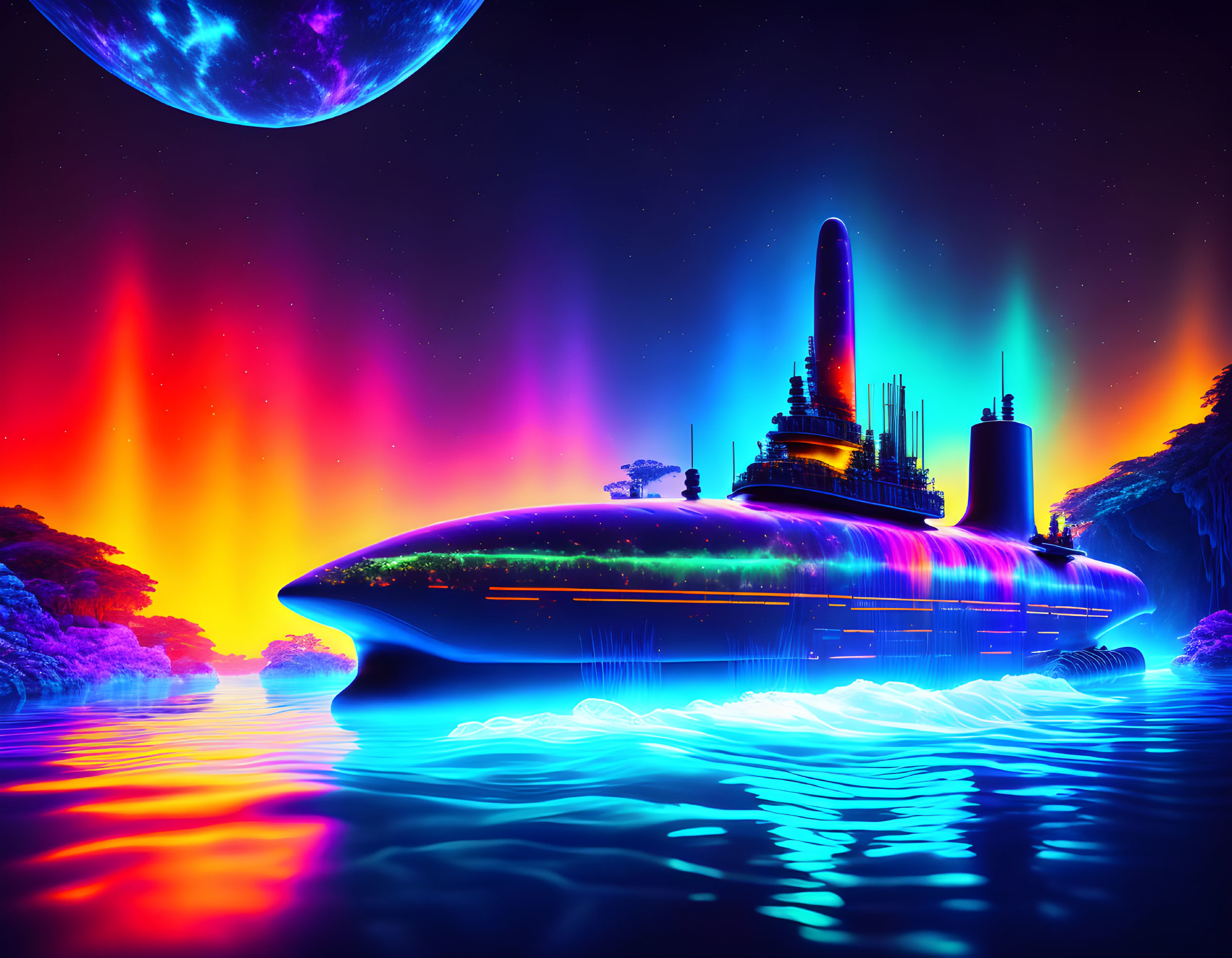 Colorful futuristic cityscape with neon-lit trees, glowing waters, and aurora.