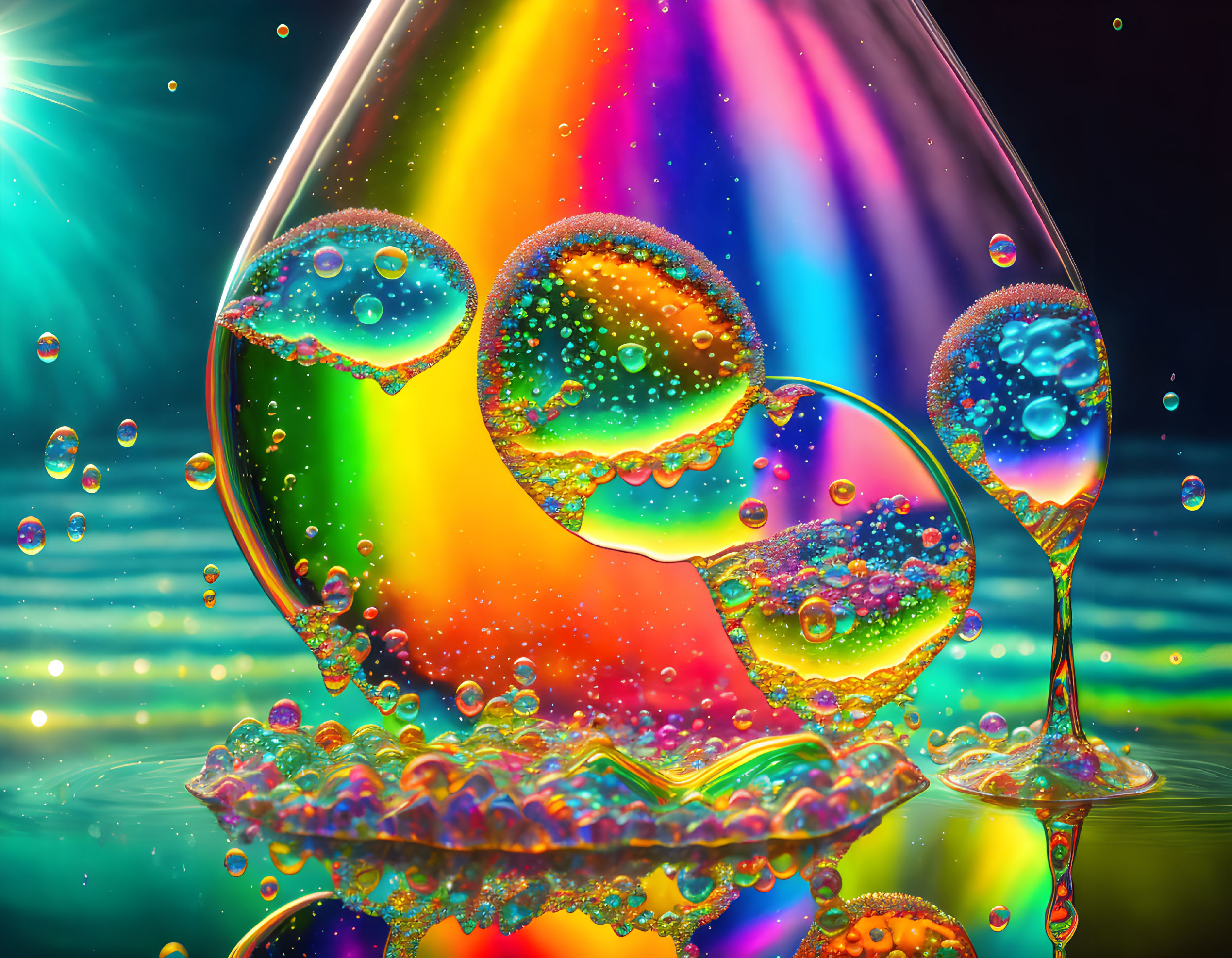 Colorful digital artwork: Water droplets, bubbles, rainbow backdrop, glass-like surfaces