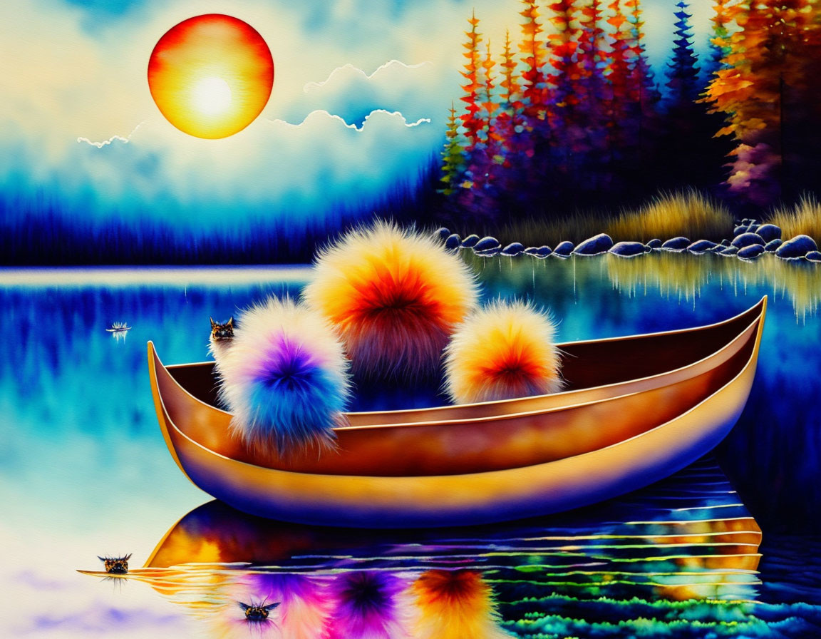 Colorful Painting: Fluffy Creatures in Canoe on Reflective Lake