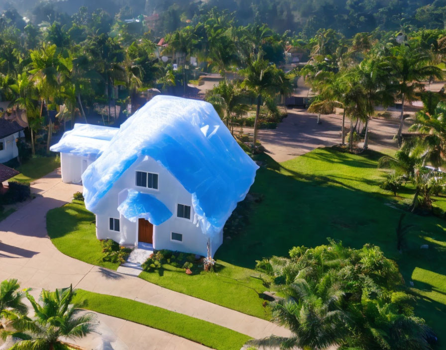 Suburban house with blue fumigation tent in sunny setting