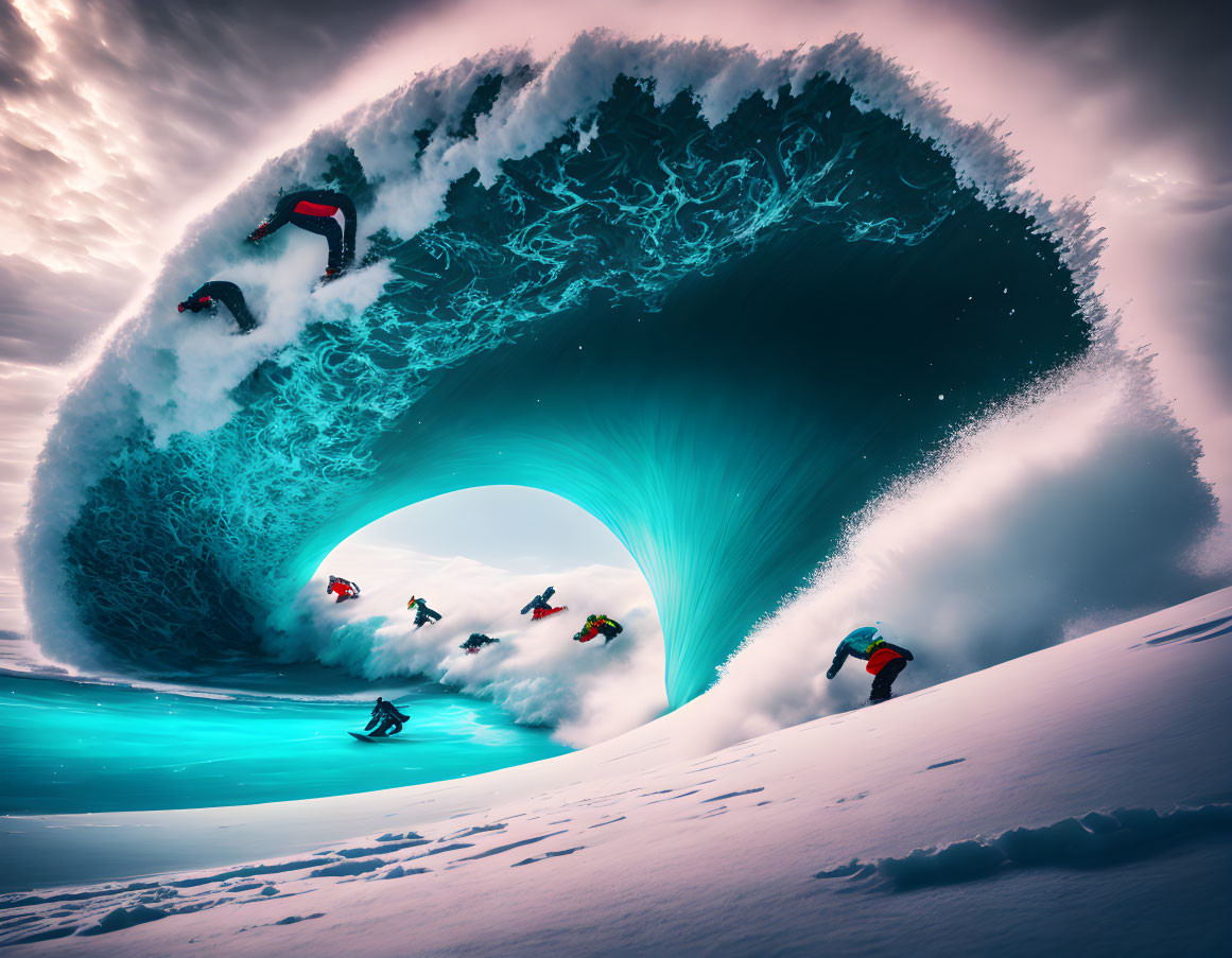 Surreal snowboarding scene with massive wave above