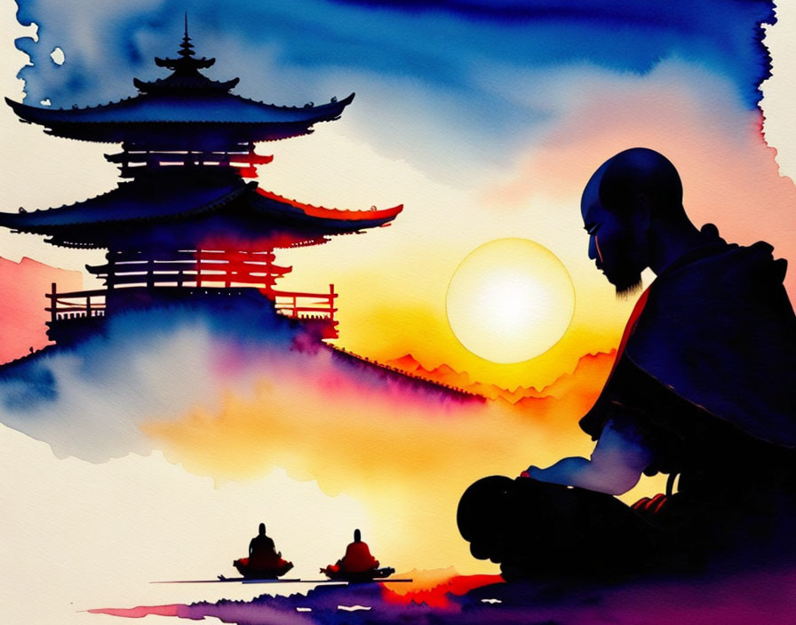 Tranquil watercolor artwork of monk meditating at sunset