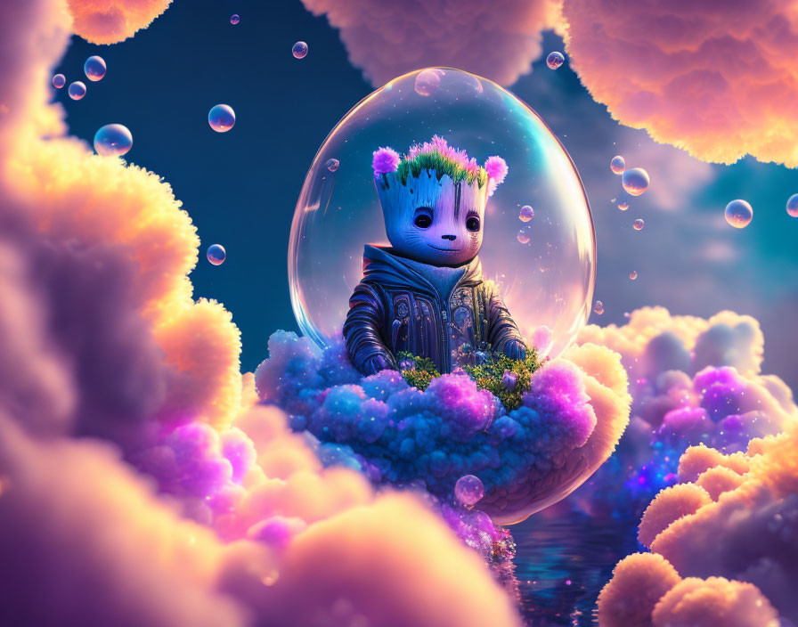 Plant-like Head Character in Bubble Surrounded by Pink Clouds