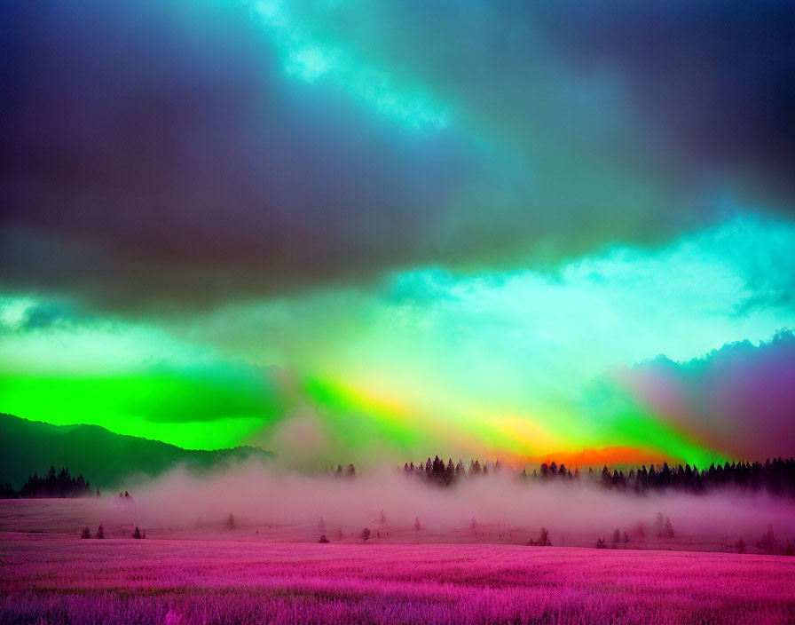 Vibrant green and pink twilight sky over misty forest landscape