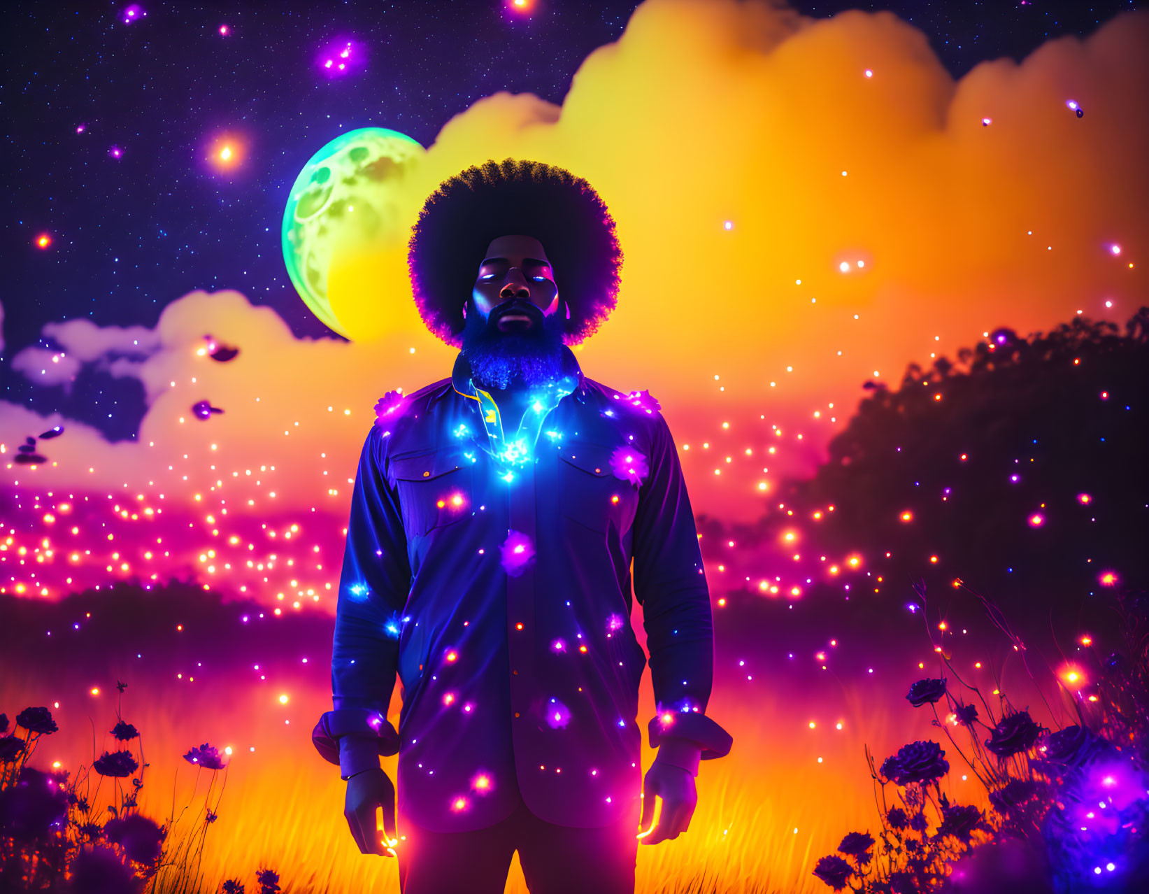 Man with glowing necklace in vibrant field under starry sky with green moon, purple flowers, orange clouds