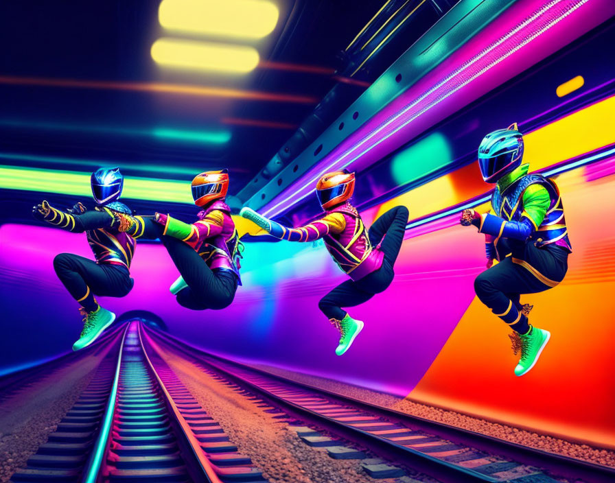 Three futuristic racers on glowing tracks in neon-lit tunnel