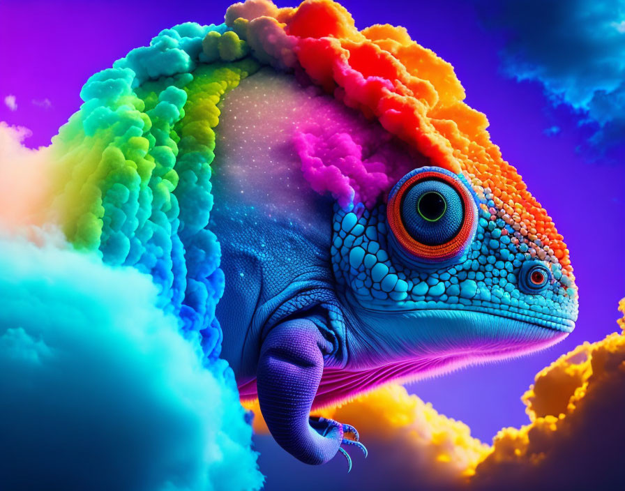 Colorful Chameleon with Textured Skin on Rainbow Cloud Background