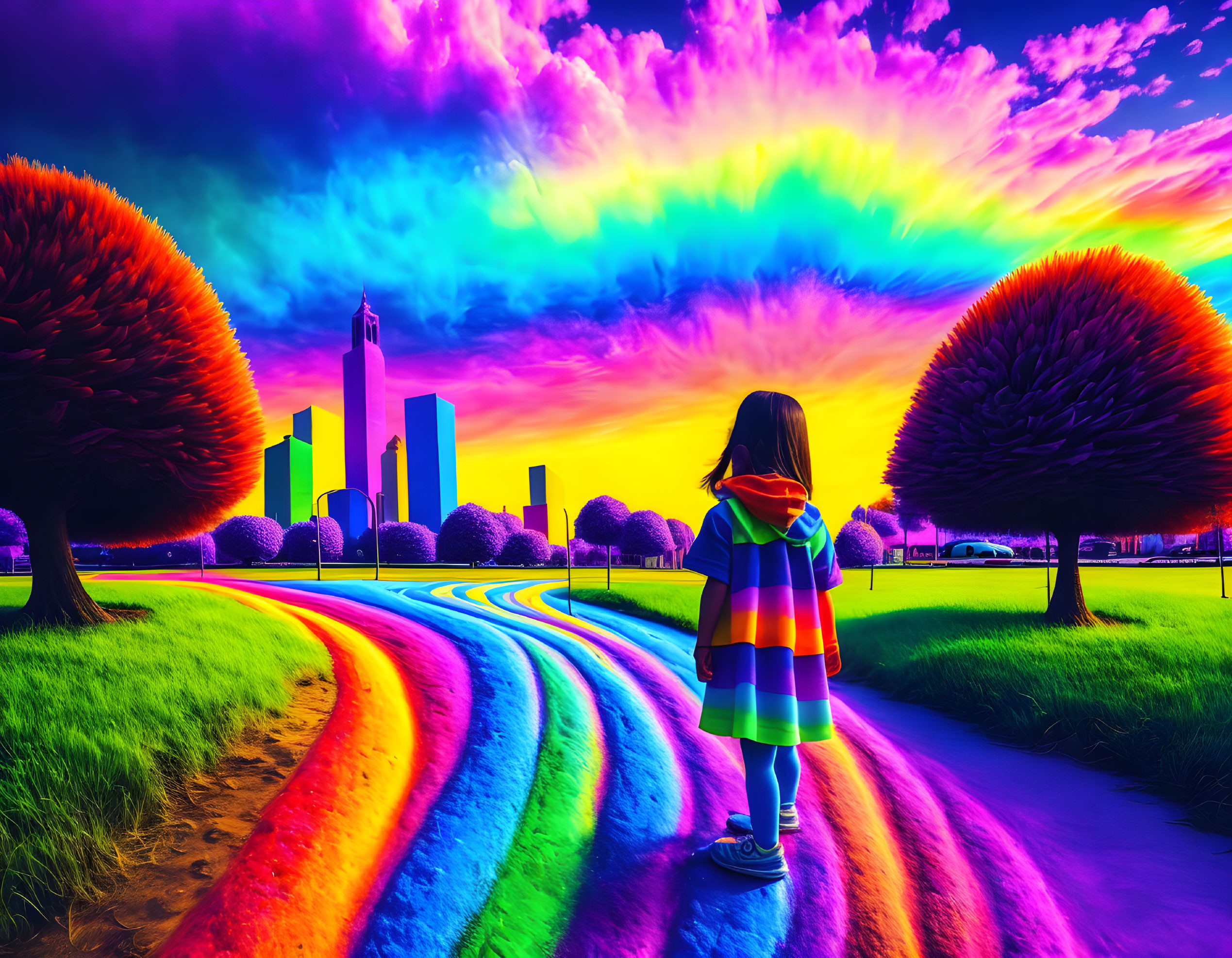 Child in Colorful Coat on Rainbow Path Towards Vibrant Cityscape