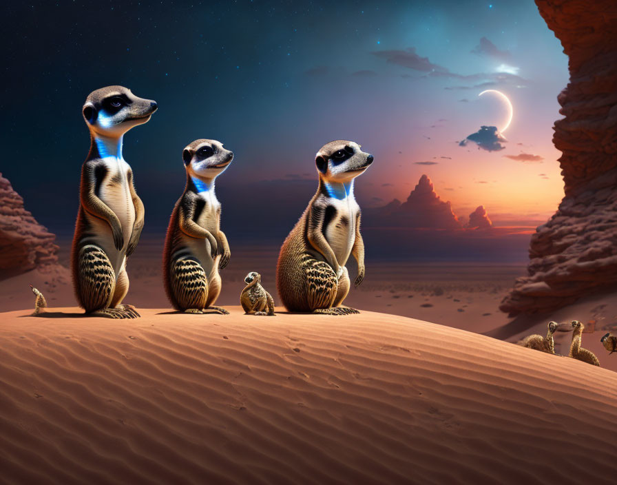 Meerkats and Baby Meerkat on Desert Sand Dune at Twilight