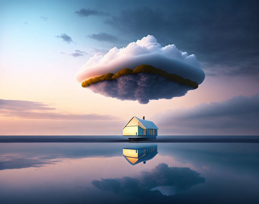 Surreal scene: solitary house under floating cloud, mirrored on calm surface