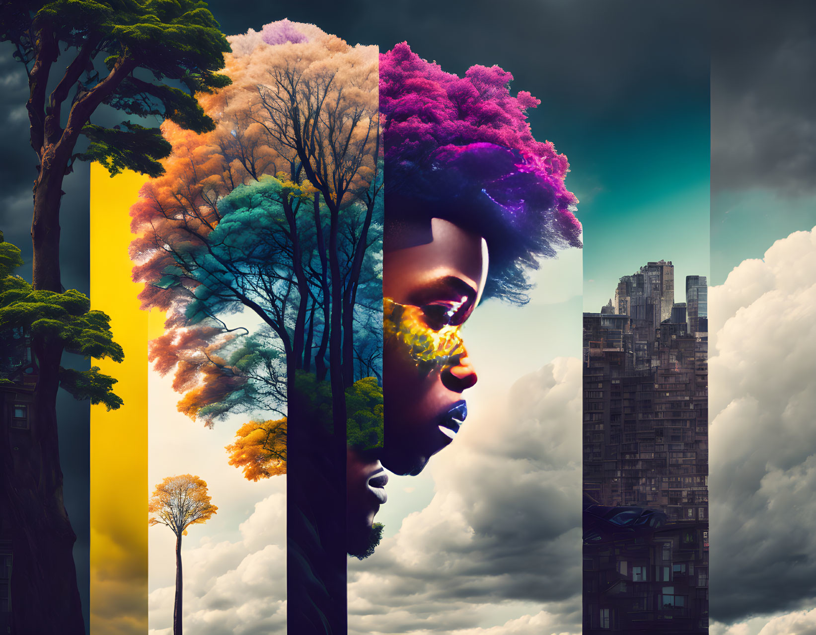 Collage of nature, human profile, and urban elements in seamless visual flow