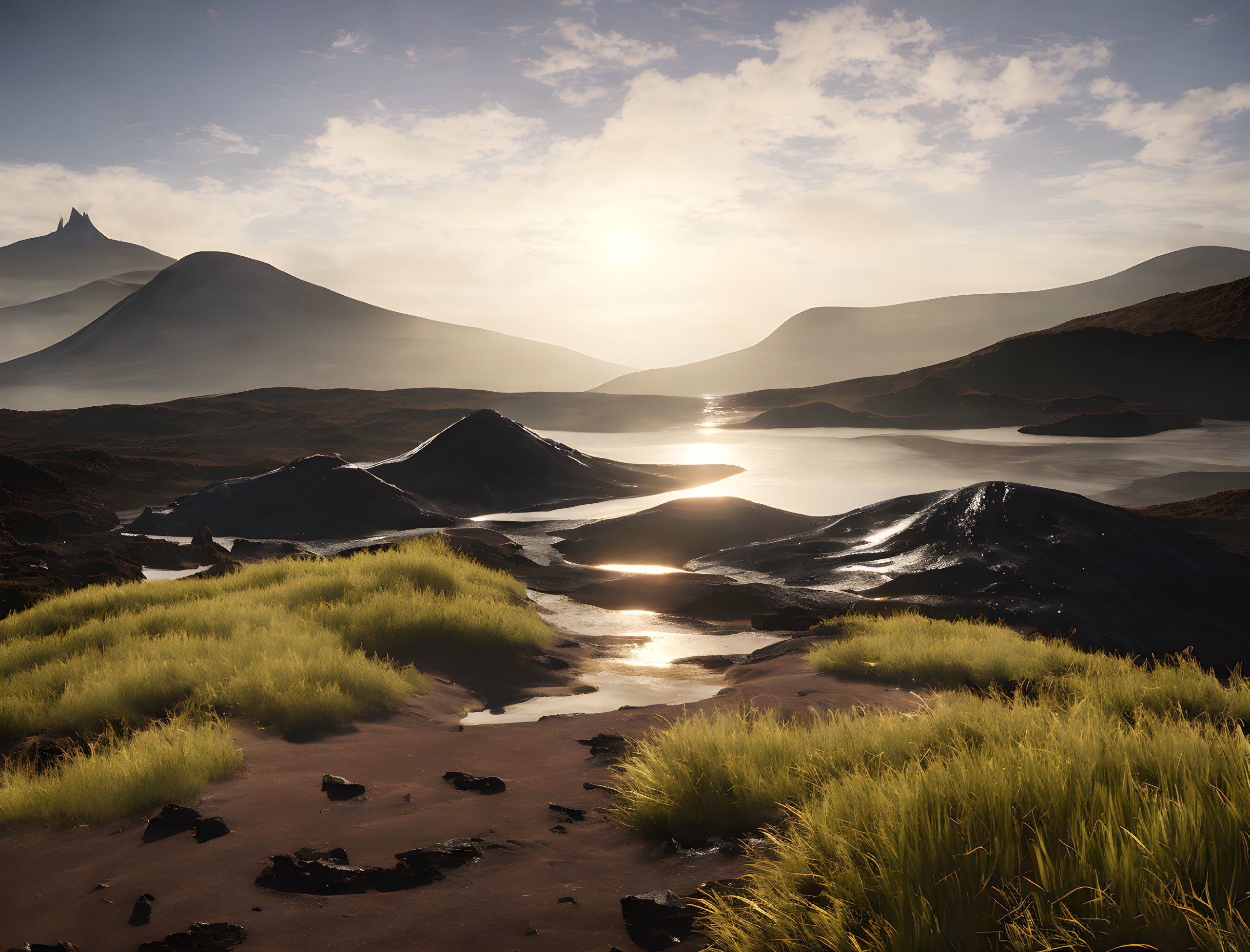 Tranquil landscape with grassy dunes, volcanic peaks, and calm water