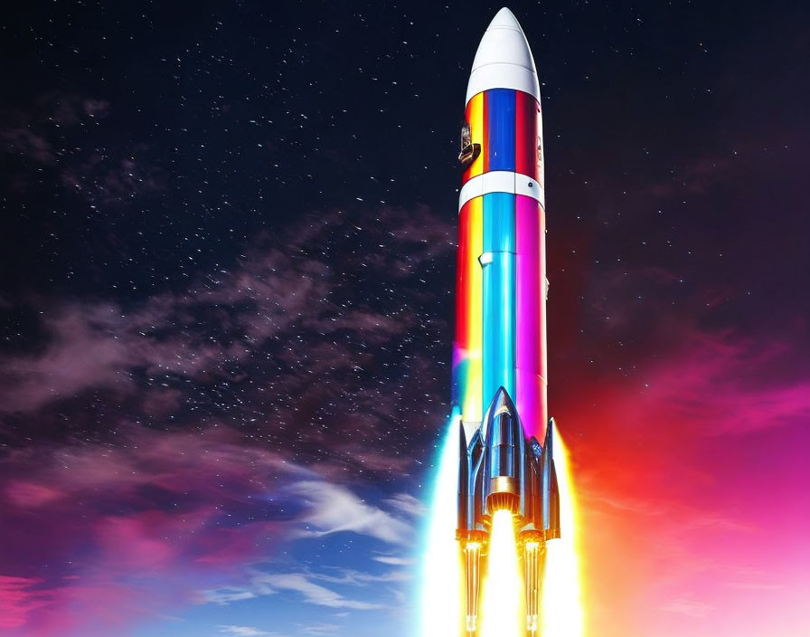 Colorful Rocket Launching into Twilight Sky with Fiery Trail