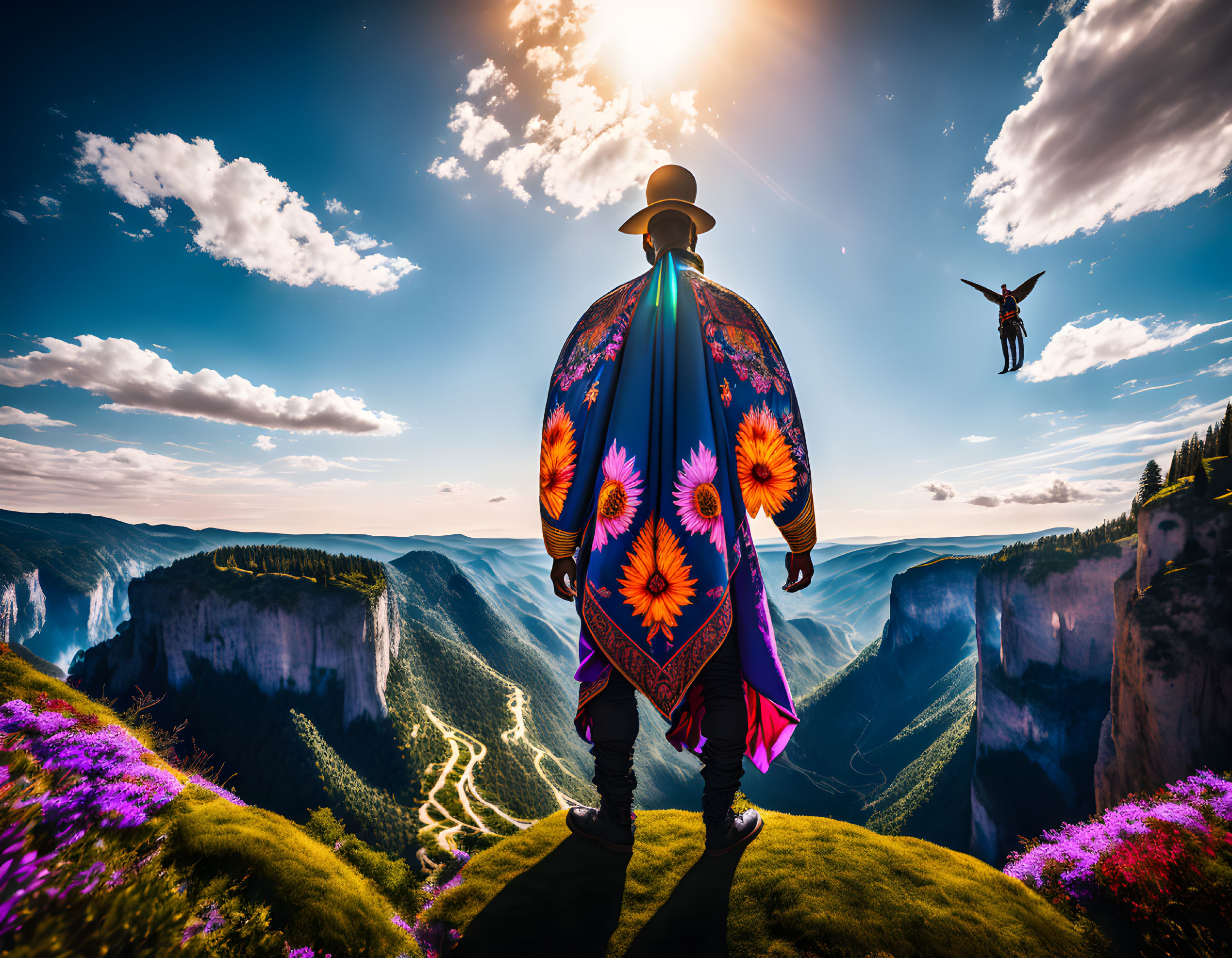 Vibrantly dressed person on grassy cliff with canyons and waterfalls under blue sky