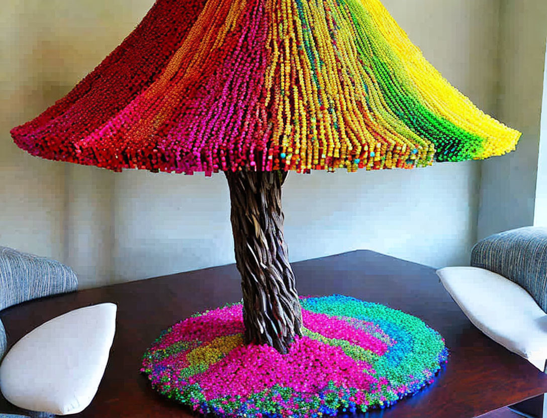 Colorful Rainbow Beaded Lampshade on Tree-like Base with Matching Circular Mat