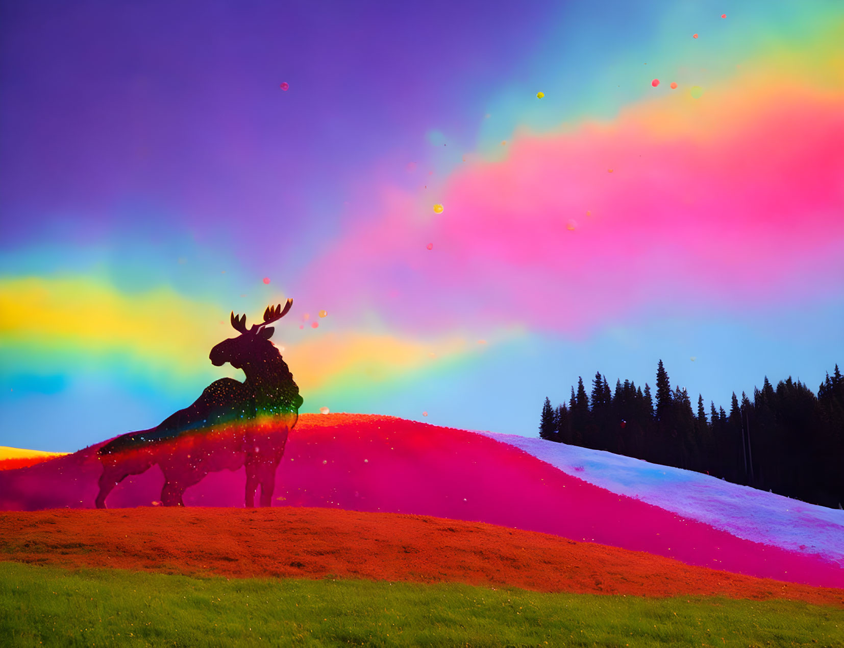 Moose silhouette in vibrant surreal landscape