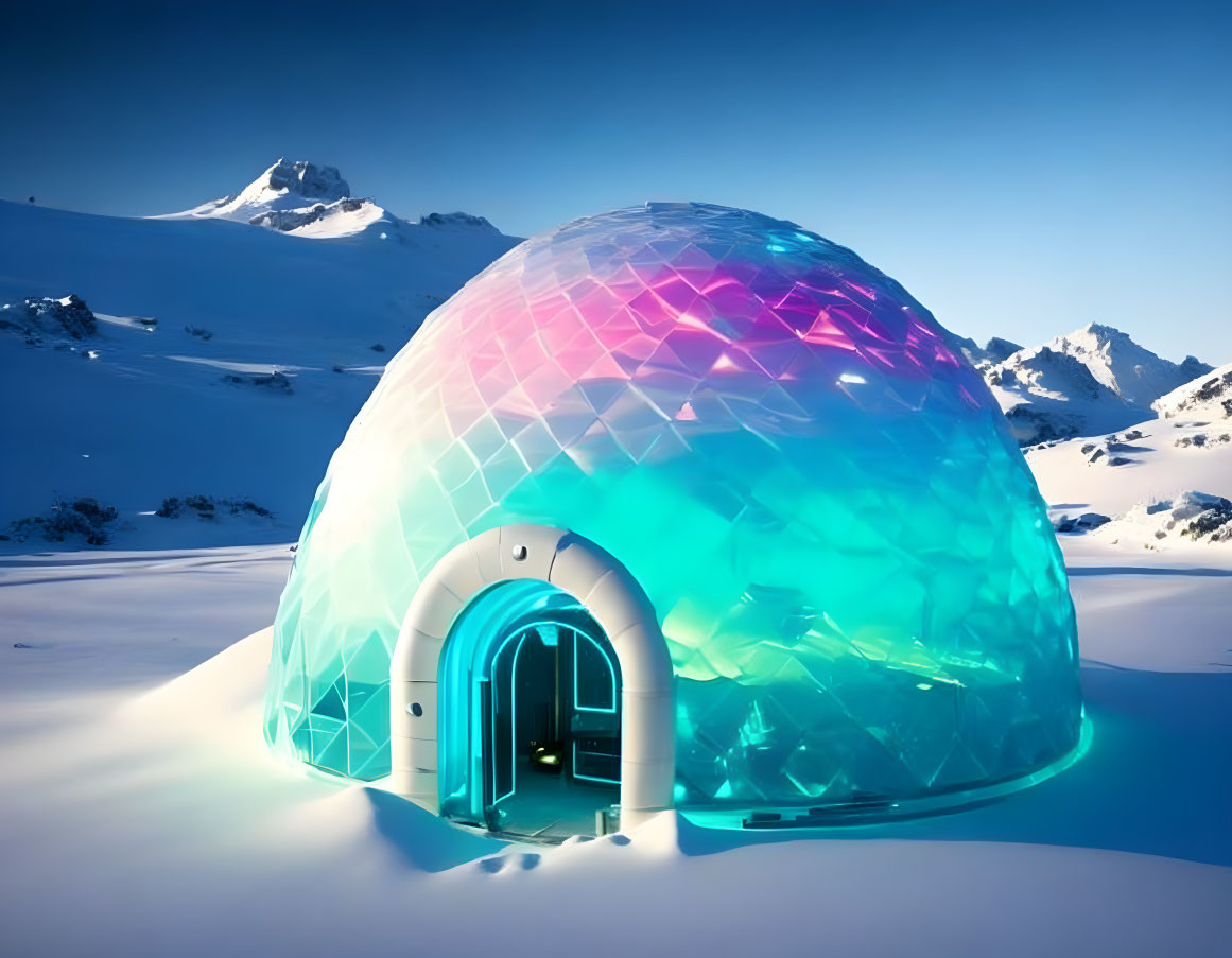 Vibrant geodesic dome shines in snowy twilight landscape