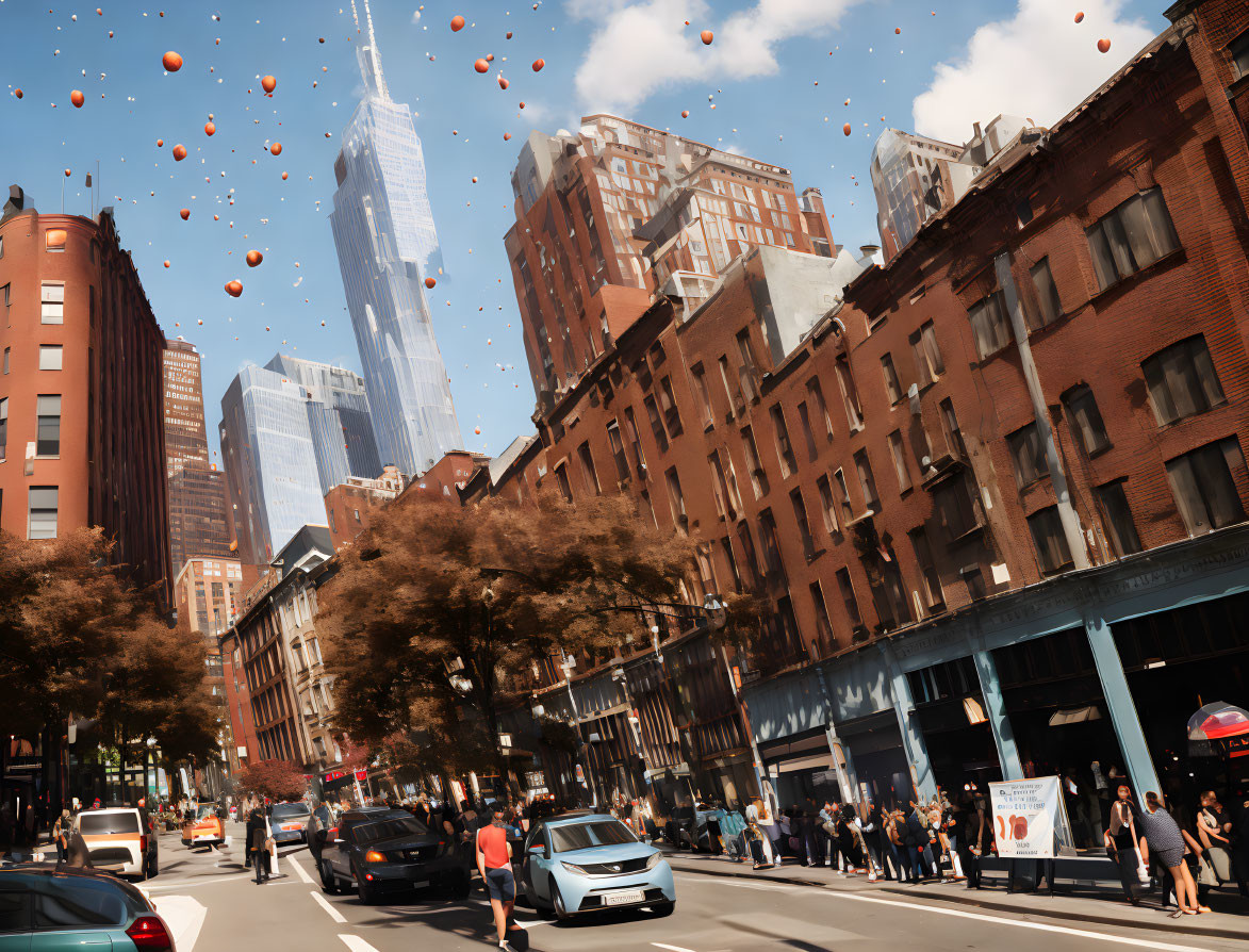 Cityscape with pedestrians, cars, historic and modern buildings, and floating apples.