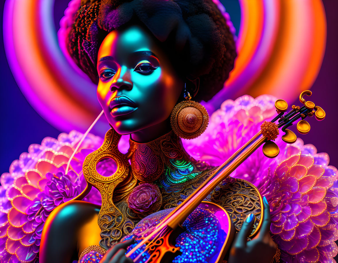 Colorful digital artwork: woman with blue skin and violin in neon floral setting