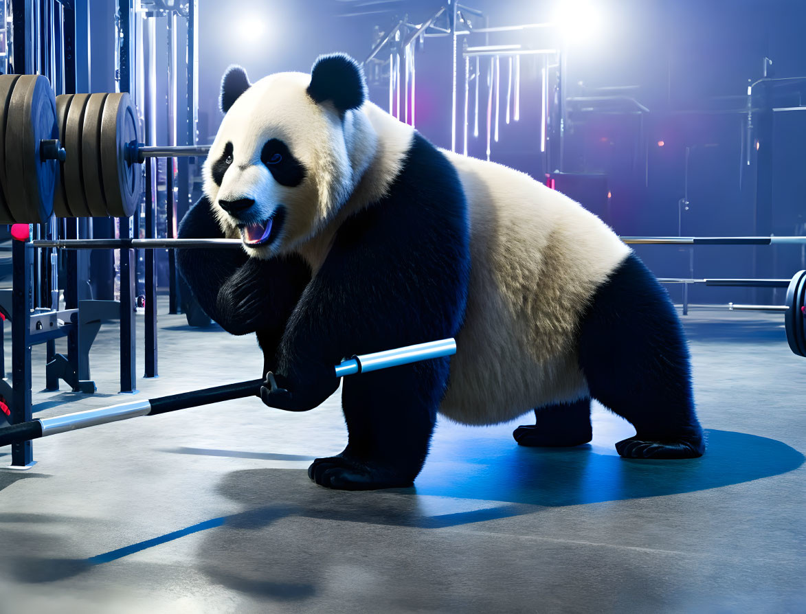 Panda bear deadlifting with barbell in blue-lit modern gym