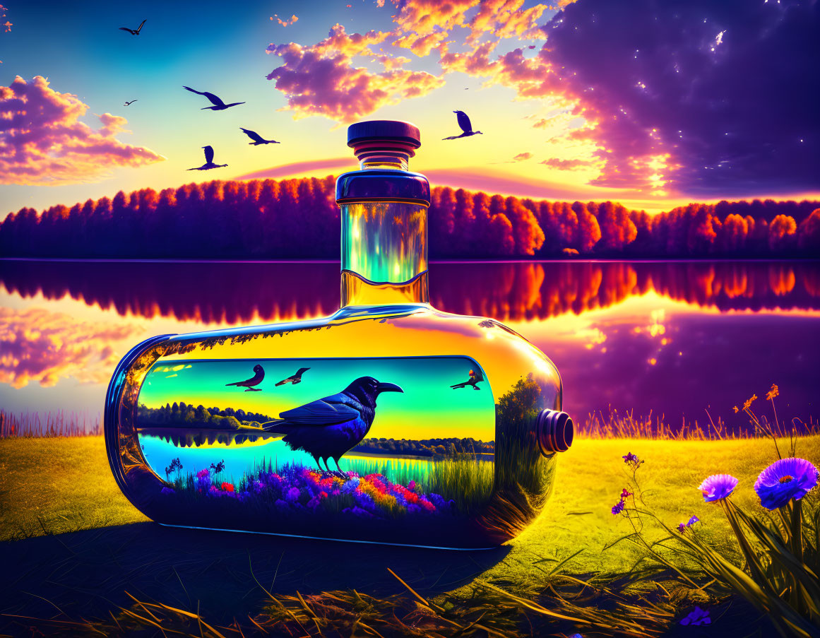 Digital Artwork: Bottle with Nature View in Sunset Landscape