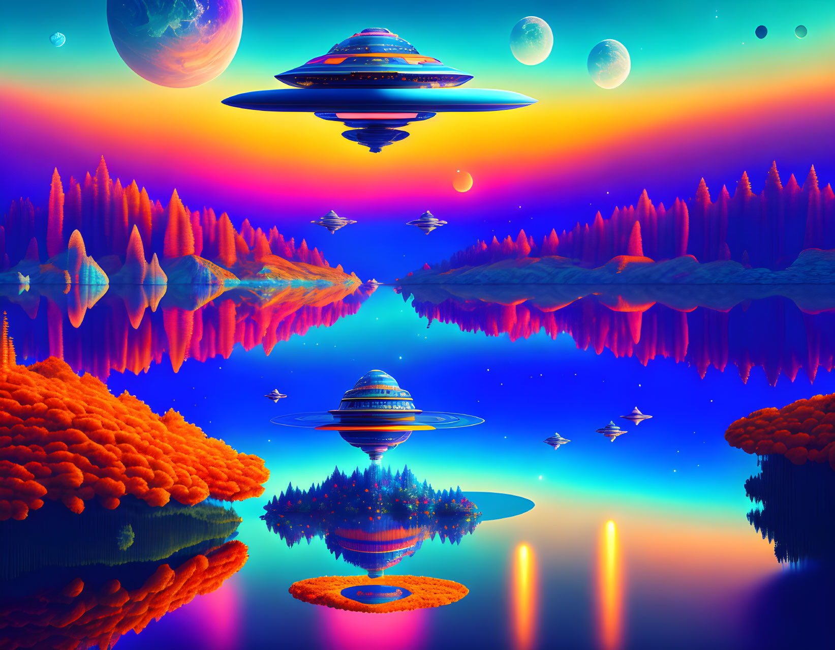 Colorful alien landscape with reflective water, flora, UFOs, and multiple moons