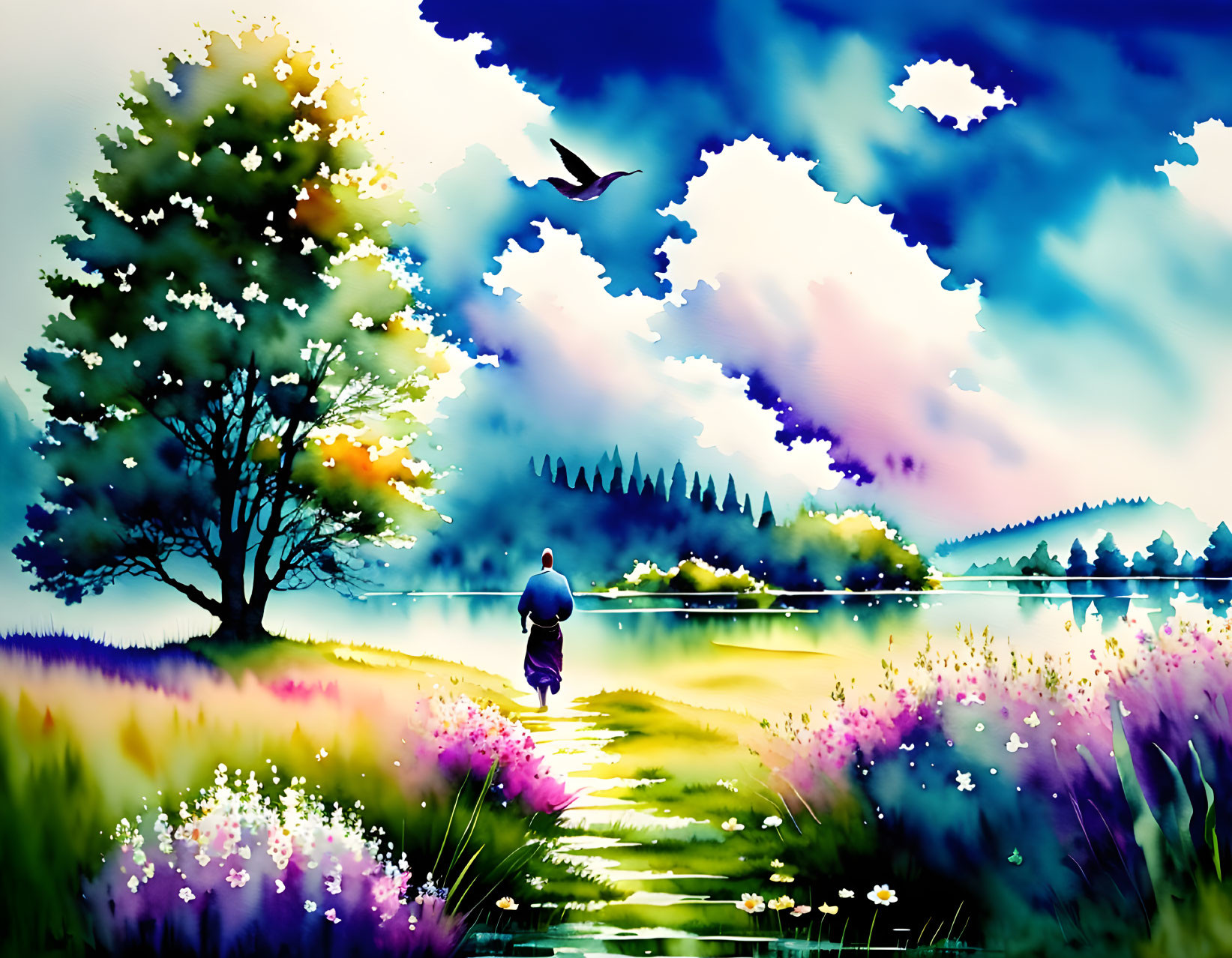 Colorful Watercolor Painting of Person Walking on Flowery Path to Tranquil Lake