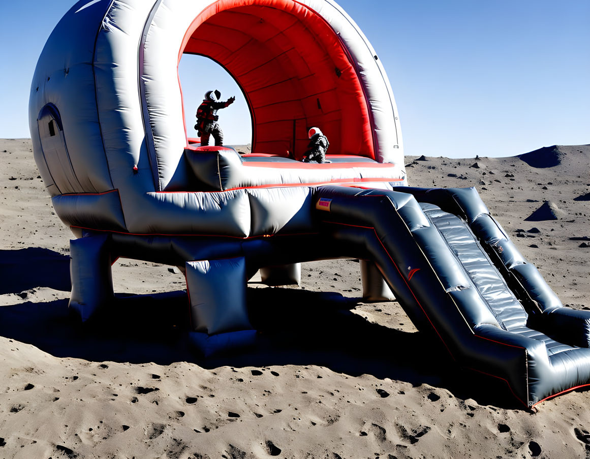 Astronauts simulate mission near inflatable habitat on desert terrain