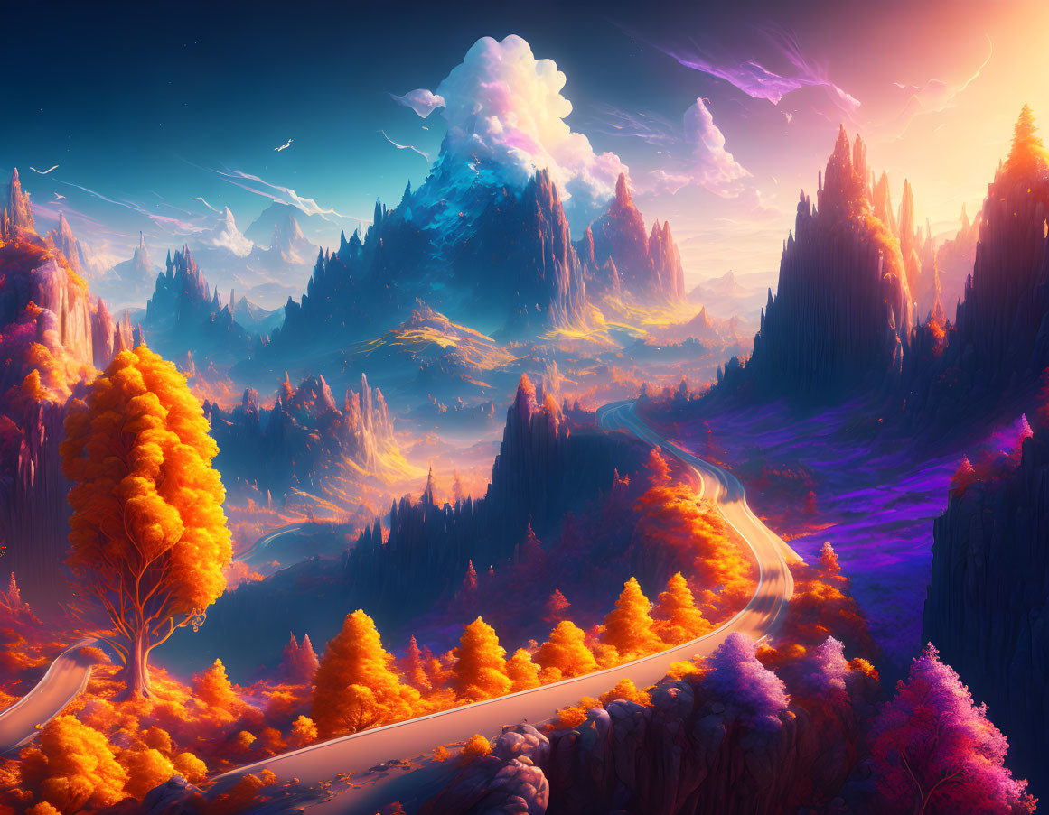 Colorful fantasy landscape with winding road, golden trees, purple foliage, dramatic sky.