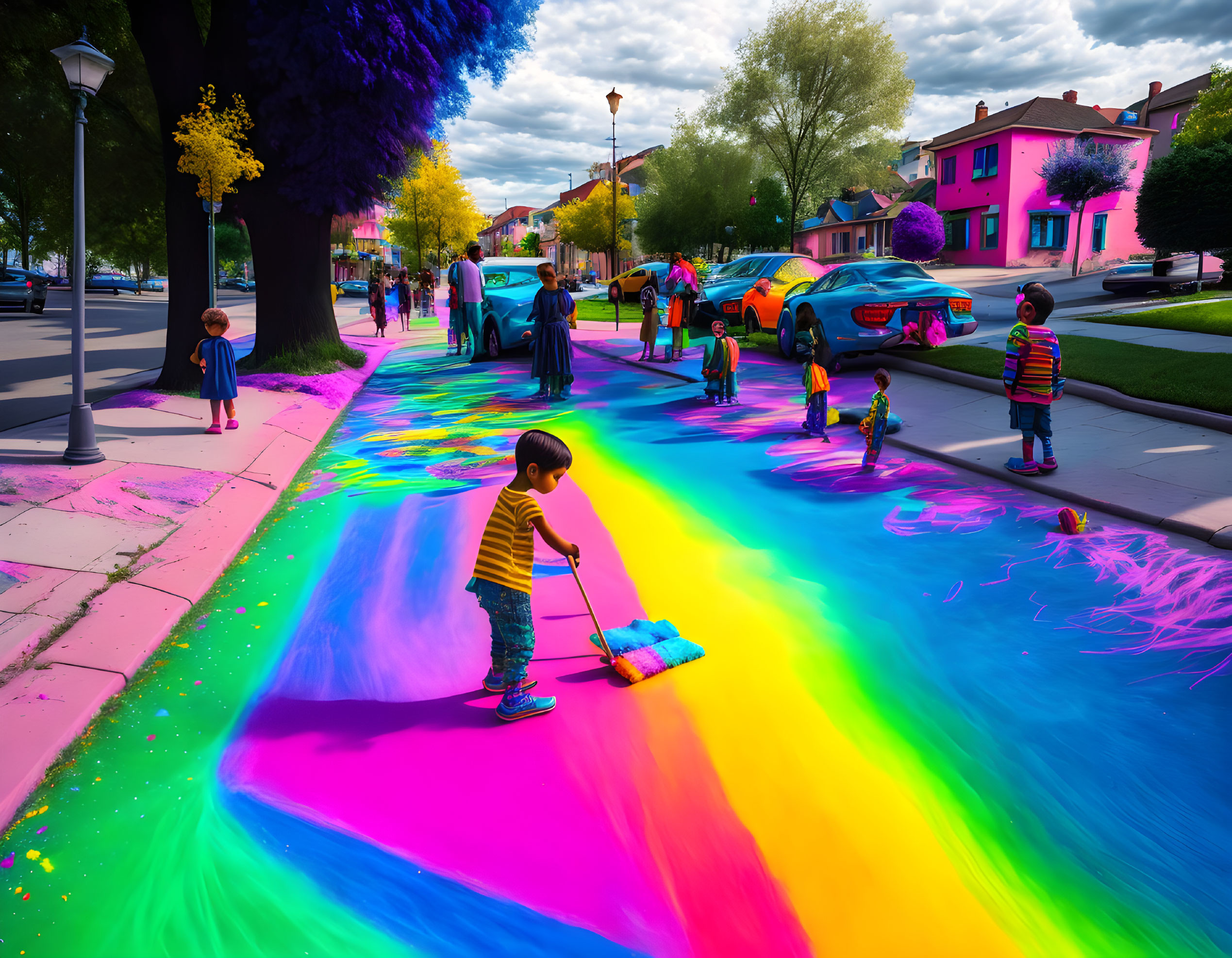 Child paints vibrant rainbow on suburban street with colorful trees and people observing