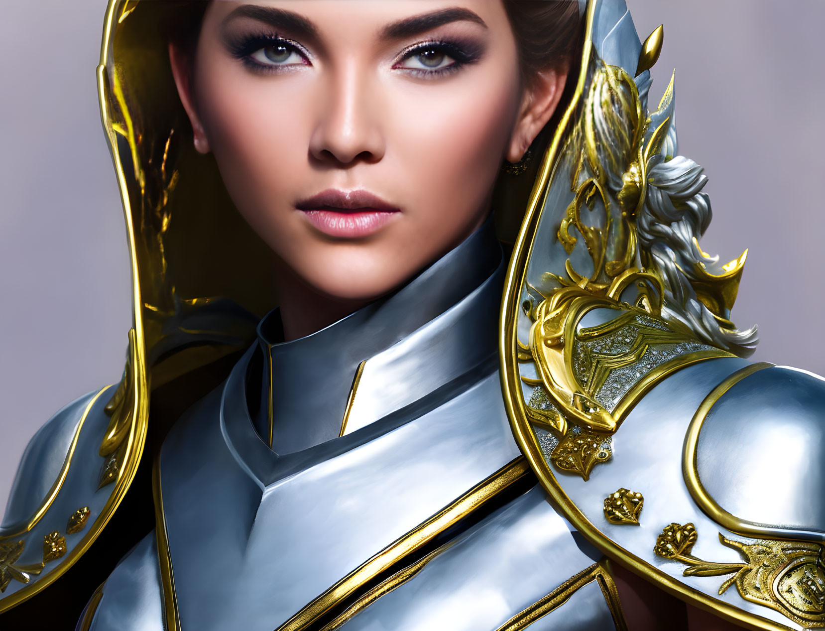 Intense-eyed woman in ornate golden-trimmed armor exudes regal presence