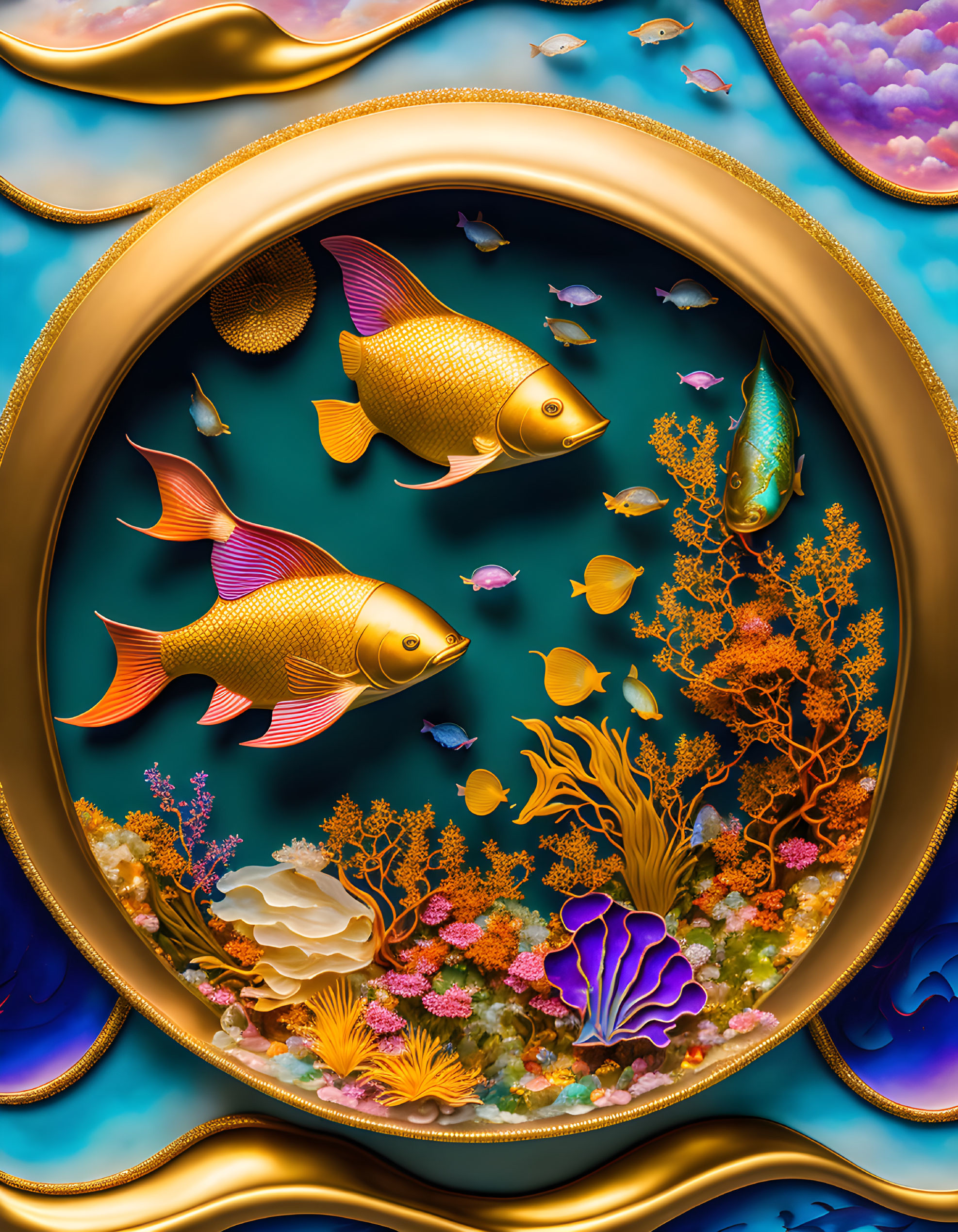 Colorful digital artwork: Golden fish, tropical fish, coral, seashells in ornate gold