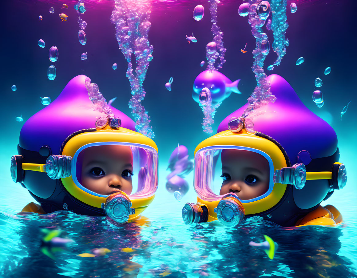 Animated babies with scuba helmets and dolphin in underwater scene