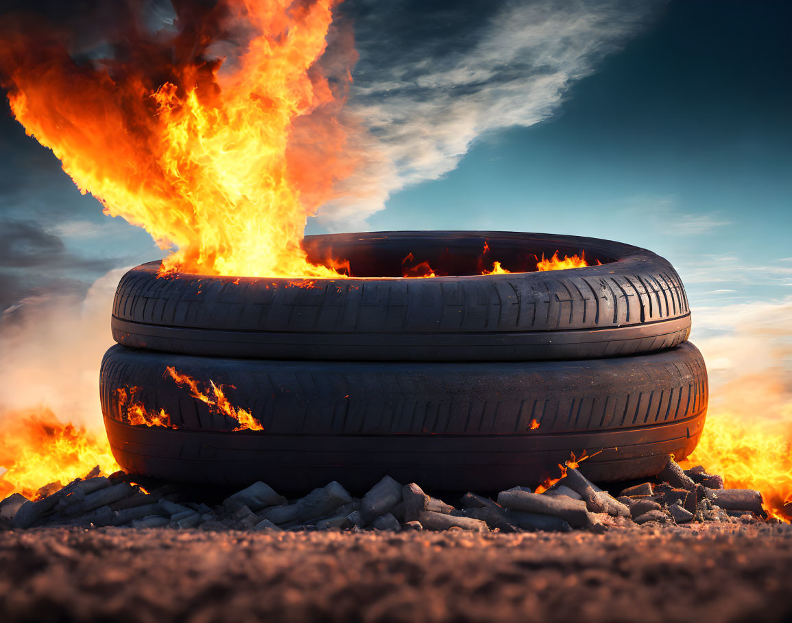 Burning stacked car tires against dramatic dusk sky