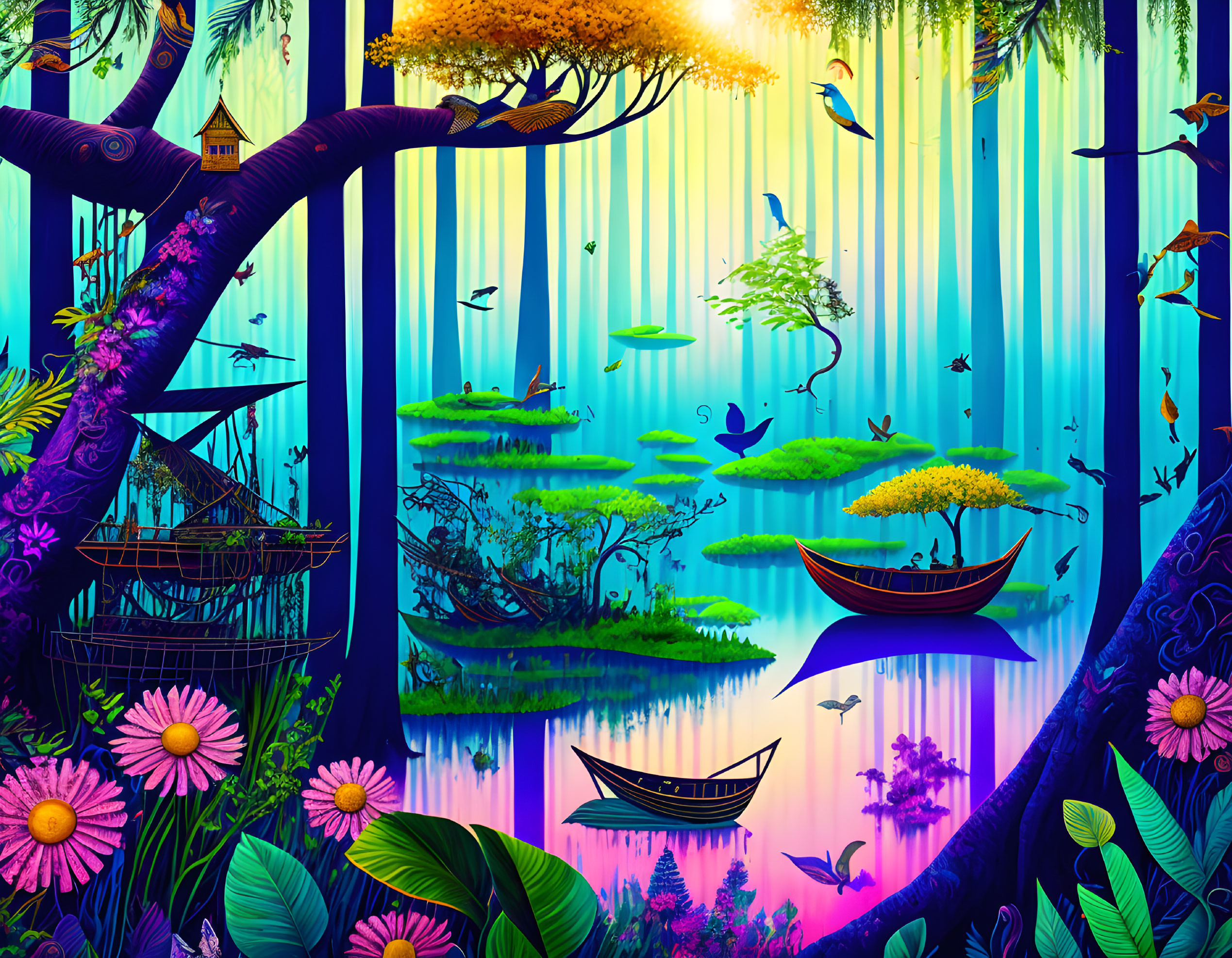 Colorful surreal landscape with tree, birds, boats, and reflection in water