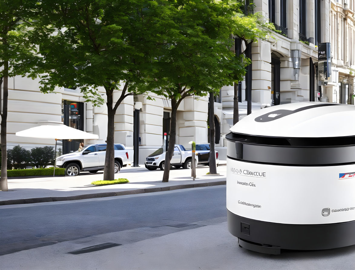 Autonomous delivery robot on sidewalk with tree-lined street, cars, and building on sunny day