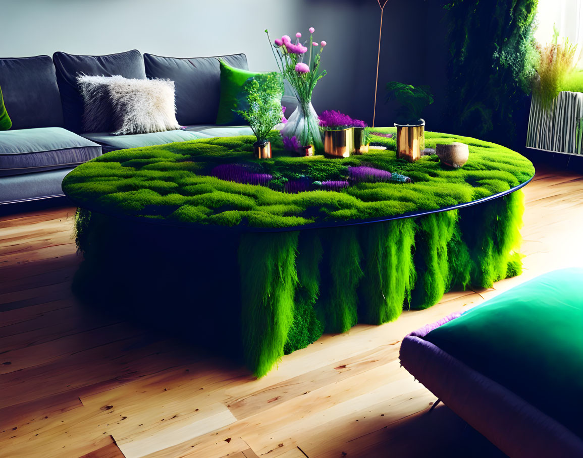 Circular Moss-Covered Coffee Table in Modern Living Room